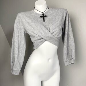 Gray Twist Front Top Cropped Sweater